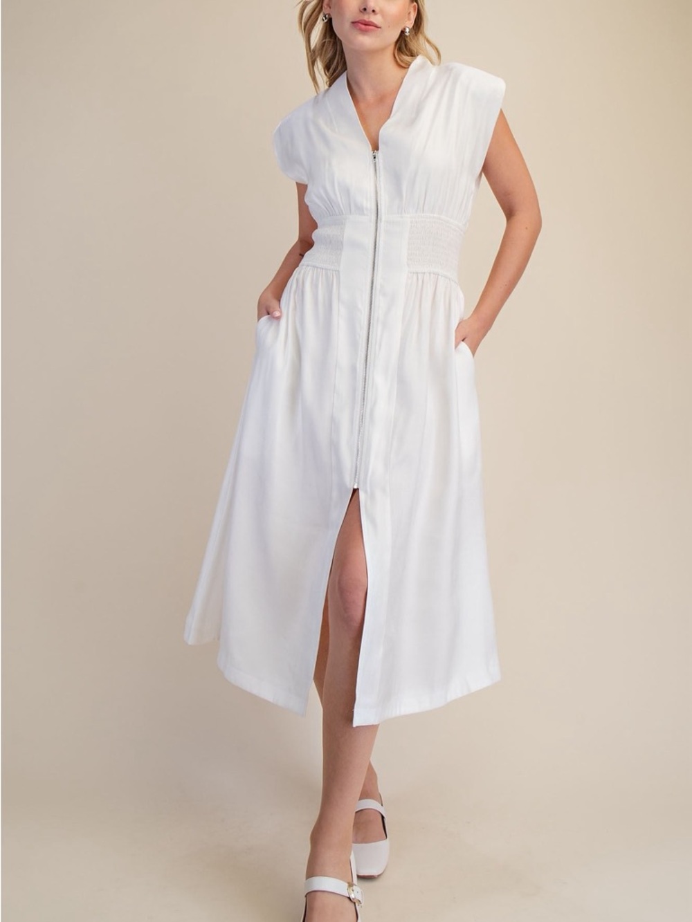 glam White Zip-Front Midi Dress